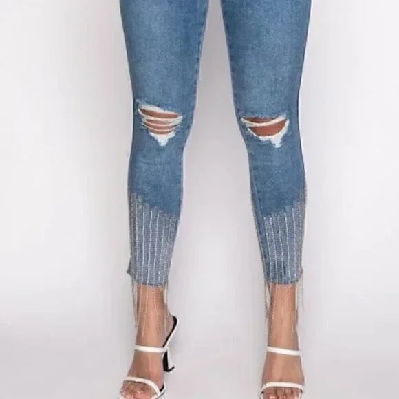 EUC - AKIRA Label Too Good High Waisted Rhinestone Fringe Skinny Jeans - Size 13 - Picture 3 of 15